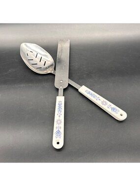 Vintage Slotted Spoon Spatula Set ACE Stainless Steel Blue Floral Handles USA